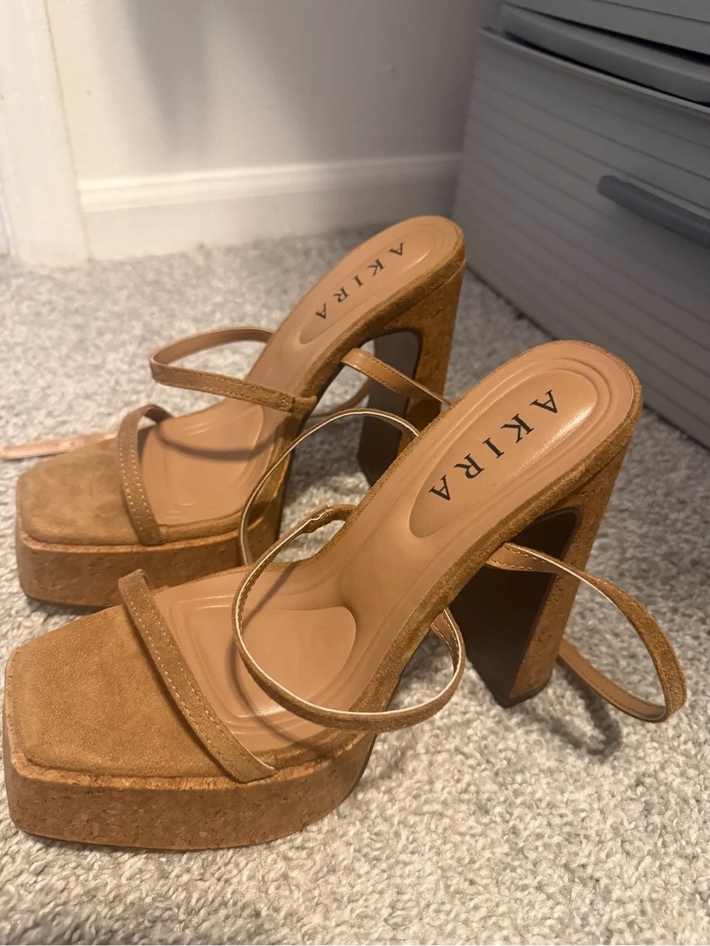 AKIRA Camel/Tan Suede Platform Block Heel Sandals